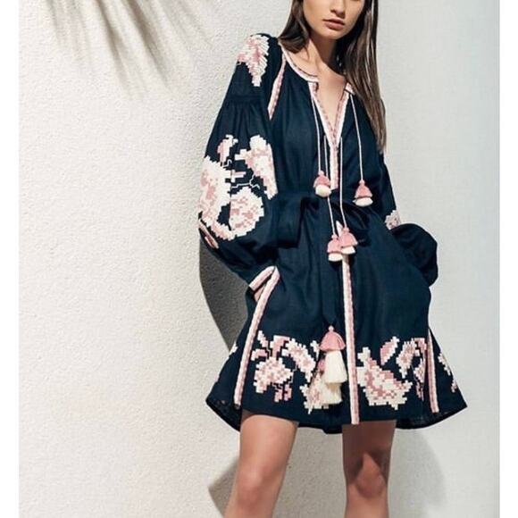 March11‎ Embroidered Linen Tassel Mini Dress Navy Blue Floral Size XS - Picture 11 of 11